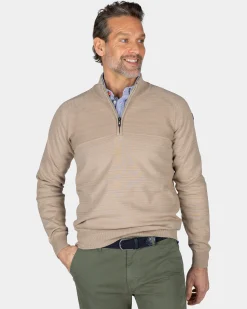Beige cotton pullover with half zip