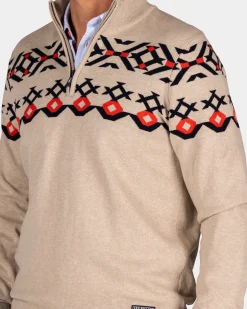 Beige cotton pullover with knitted pattern