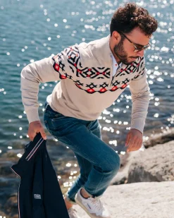 Beige cotton pullover with knitted pattern