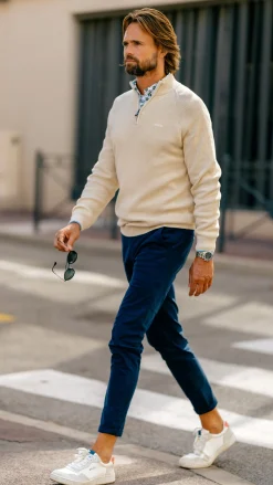 Beige knitted half zip pullover - Oat Sand
