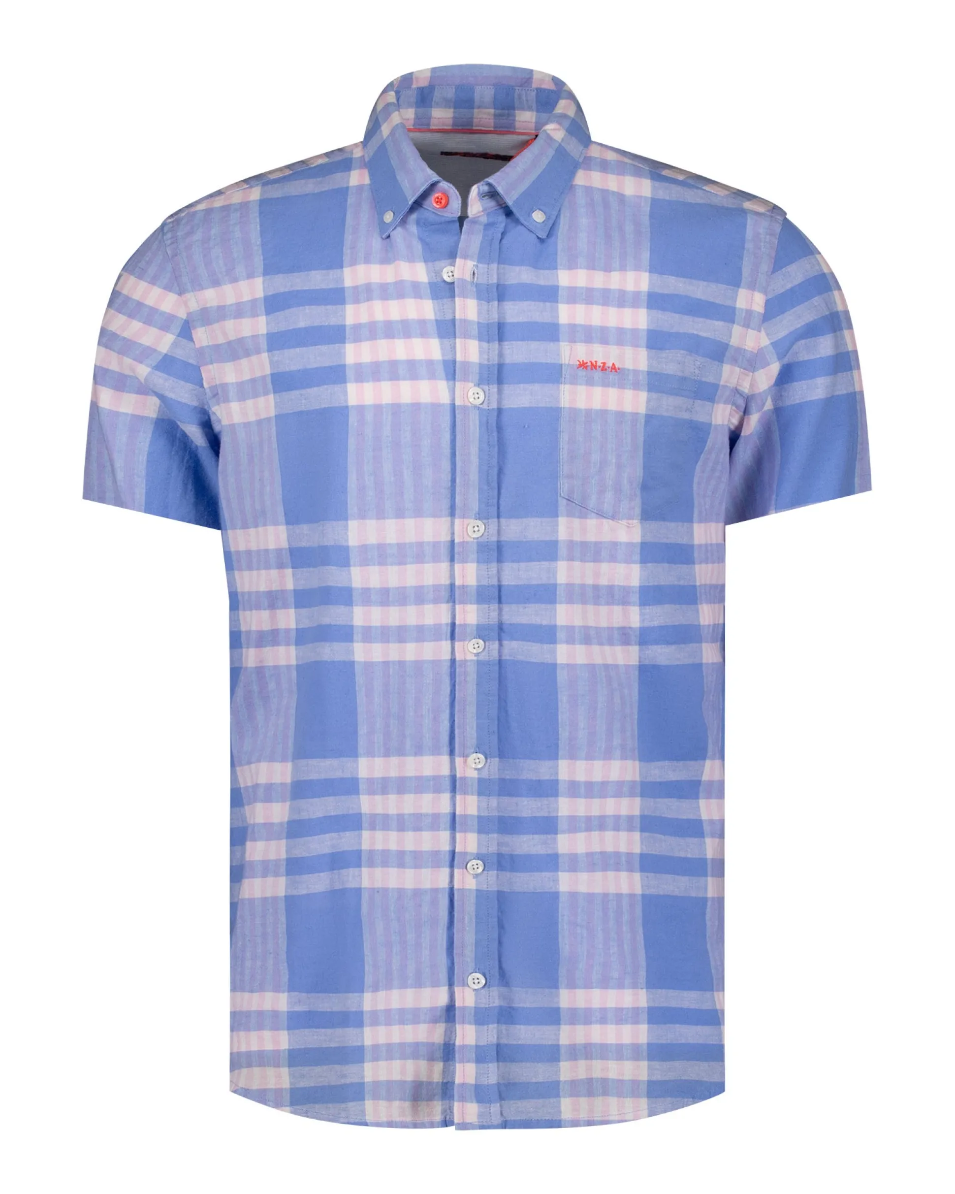 Blue and pink short-sleeve checkered shirt