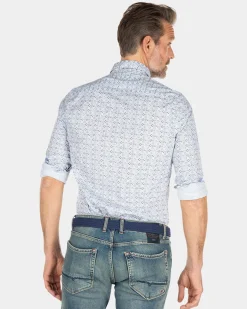 Blue cotton shirt with all over print - Ecru Multicolour