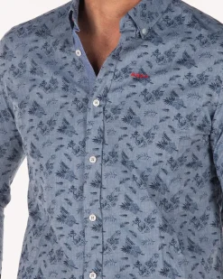 Blue cotton shirt with print - Bright Water Blue