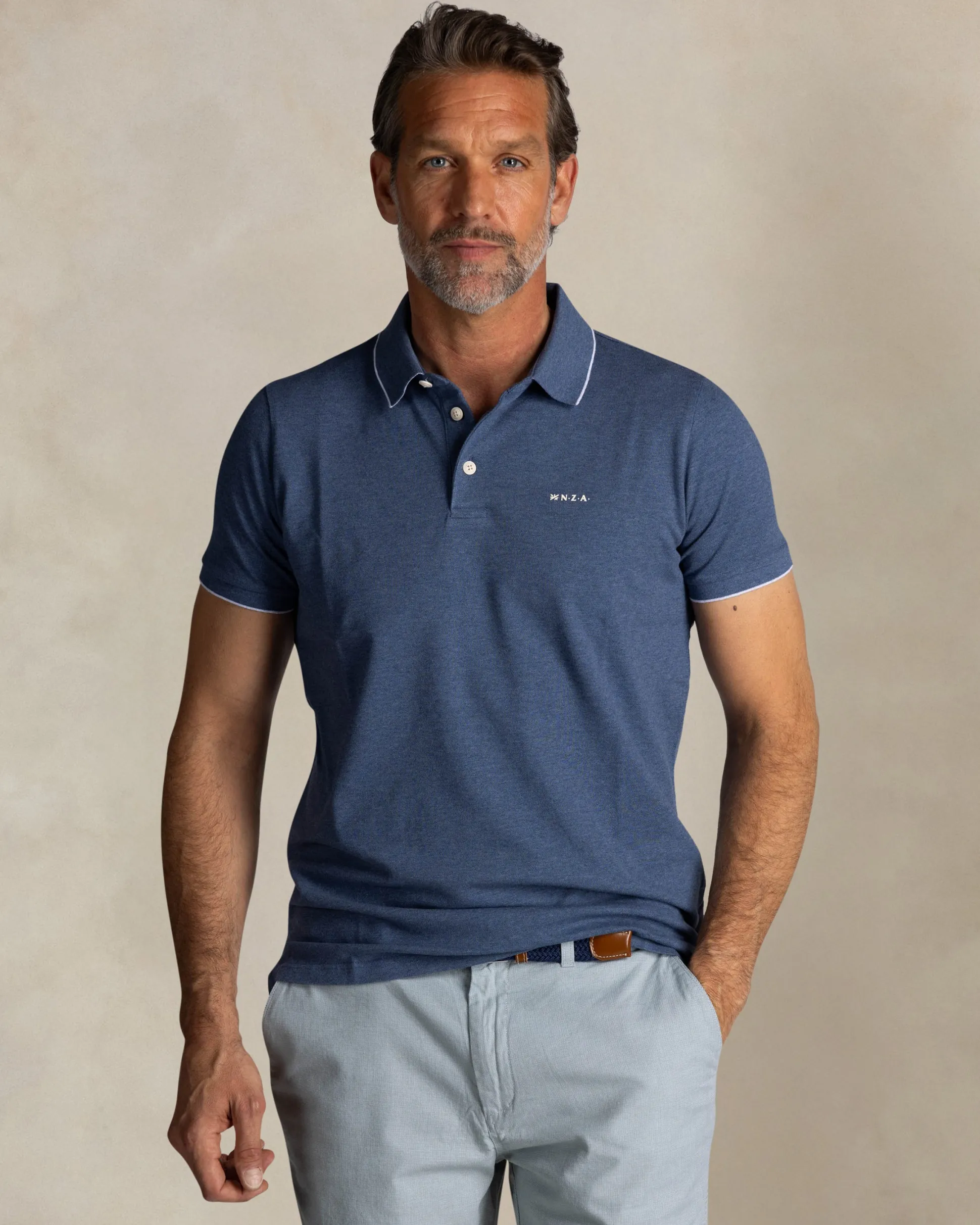Blue cotton stretch polo with accent colour