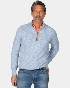 Blue cotton sweater with half zipper