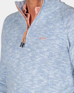 Blue cotton sweater with half zipper
