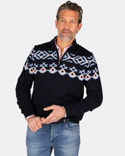Blue cotton sweater with knitted pattern
