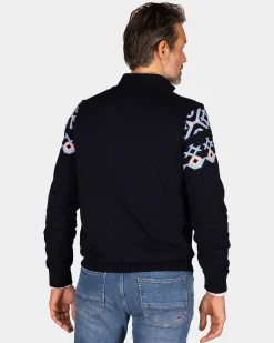 Blue cotton sweater with knitted pattern