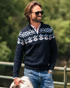 Blue cotton sweater with knitted pattern