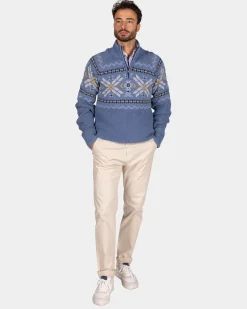 Blue half-zip pullover with colored pattern - Mineral Blue