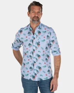 Blue linen cotton shirt with leaf print