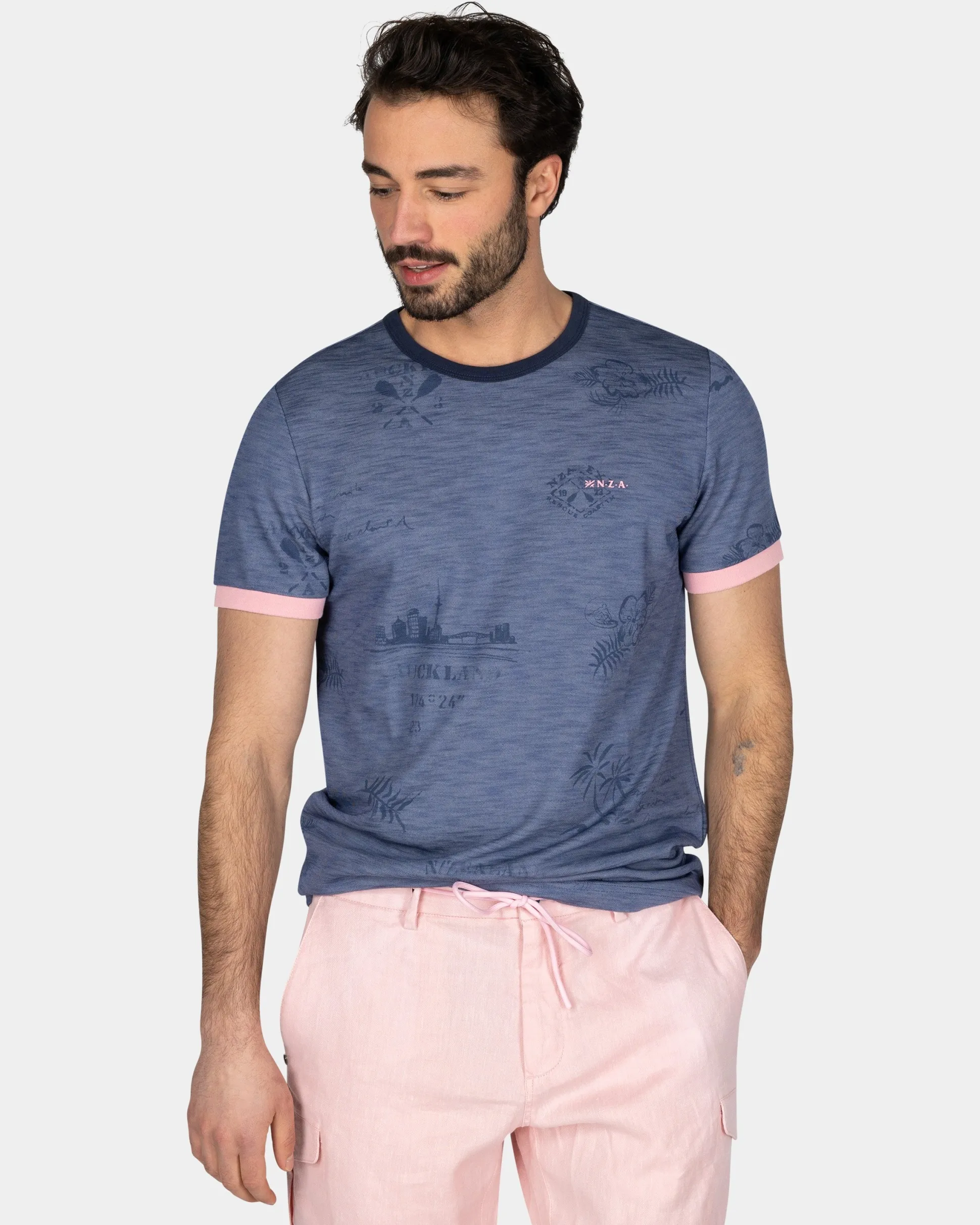 Blue Printed T-Shirt with Pink Details