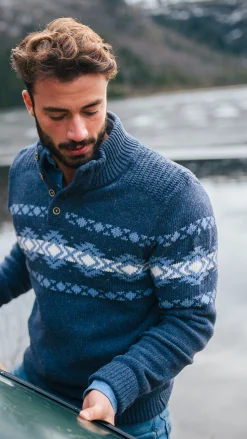 Blue pullover with buttons and light blue pattern - Tin Blue