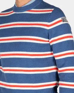 Blue pullover with orange and white stripes