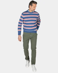 Blue pullover with orange and white stripes