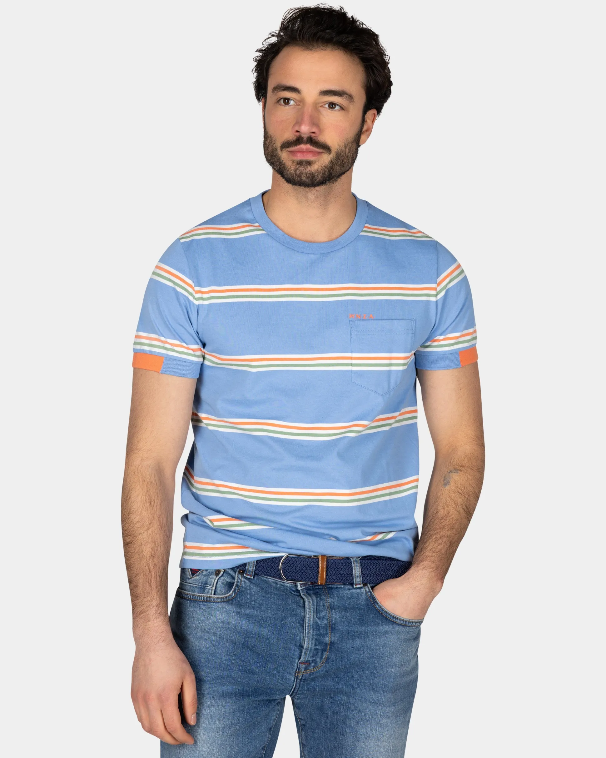 Blue t-shirt with orange and white stripes