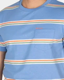 Blue t-shirt with orange and white stripes