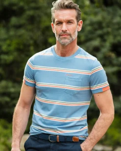 Blue t-shirt with orange and white stripes