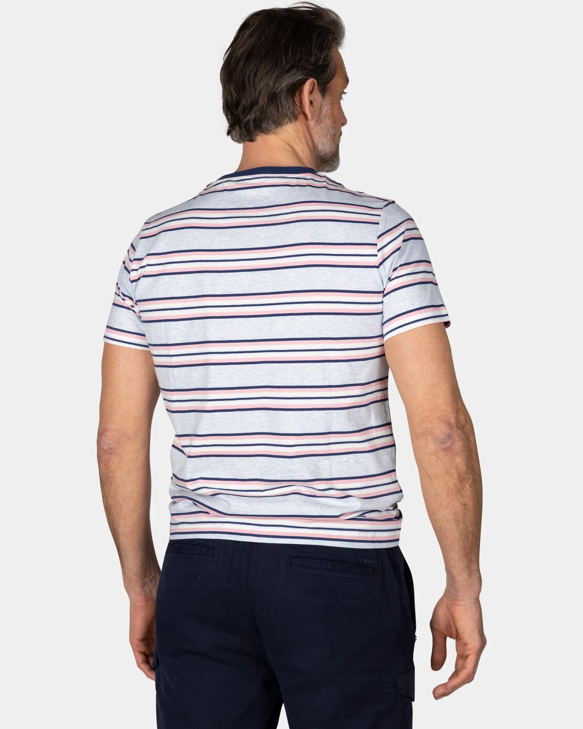 Blue T-Shirt with Pink and White Stripe
