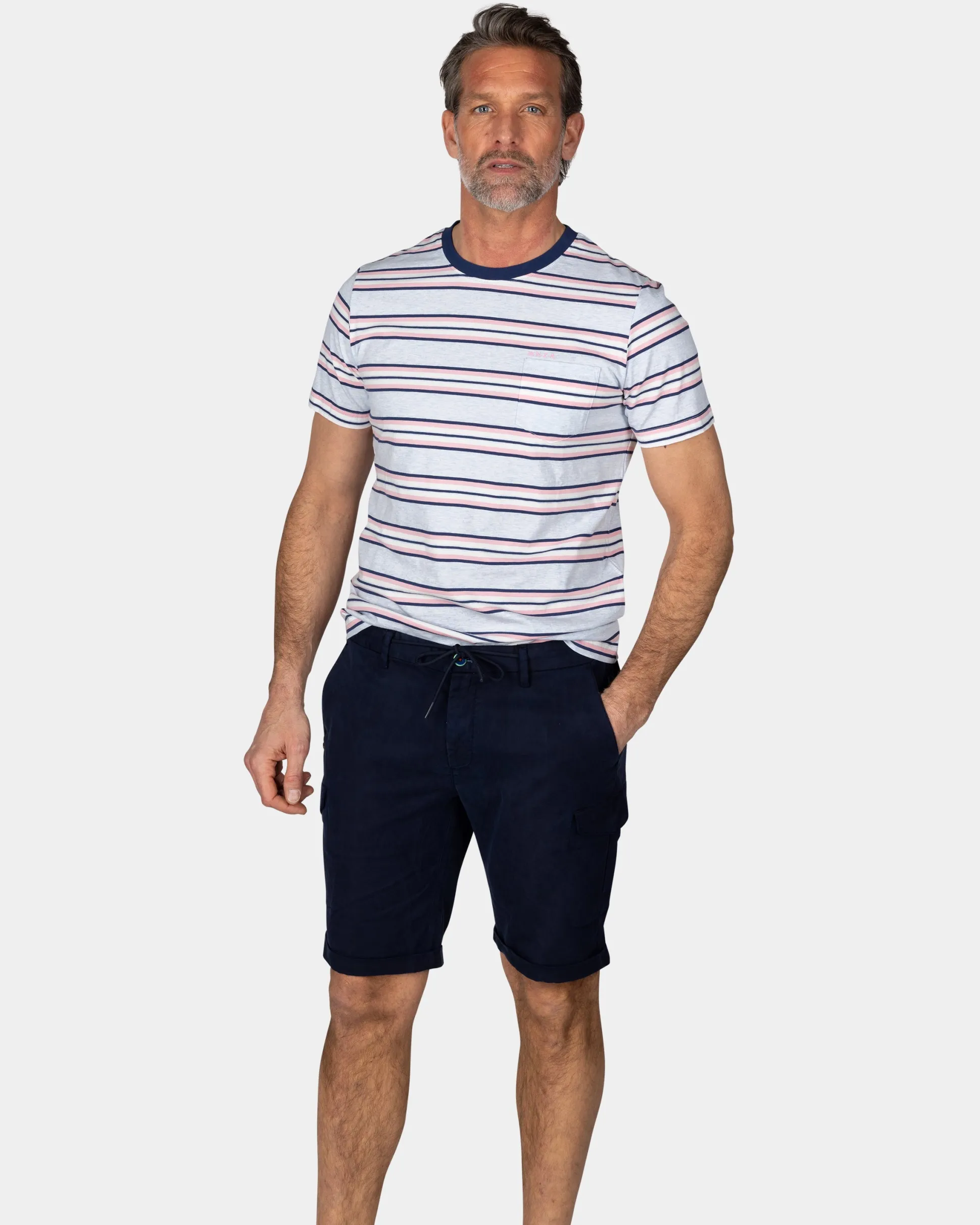 Blue T-Shirt with Pink and White Stripe