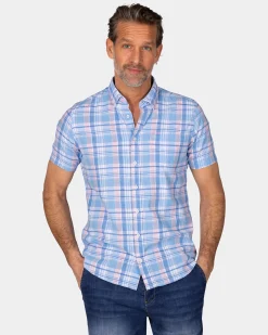 Blue White Orange Checked Short Sleeve Shirt