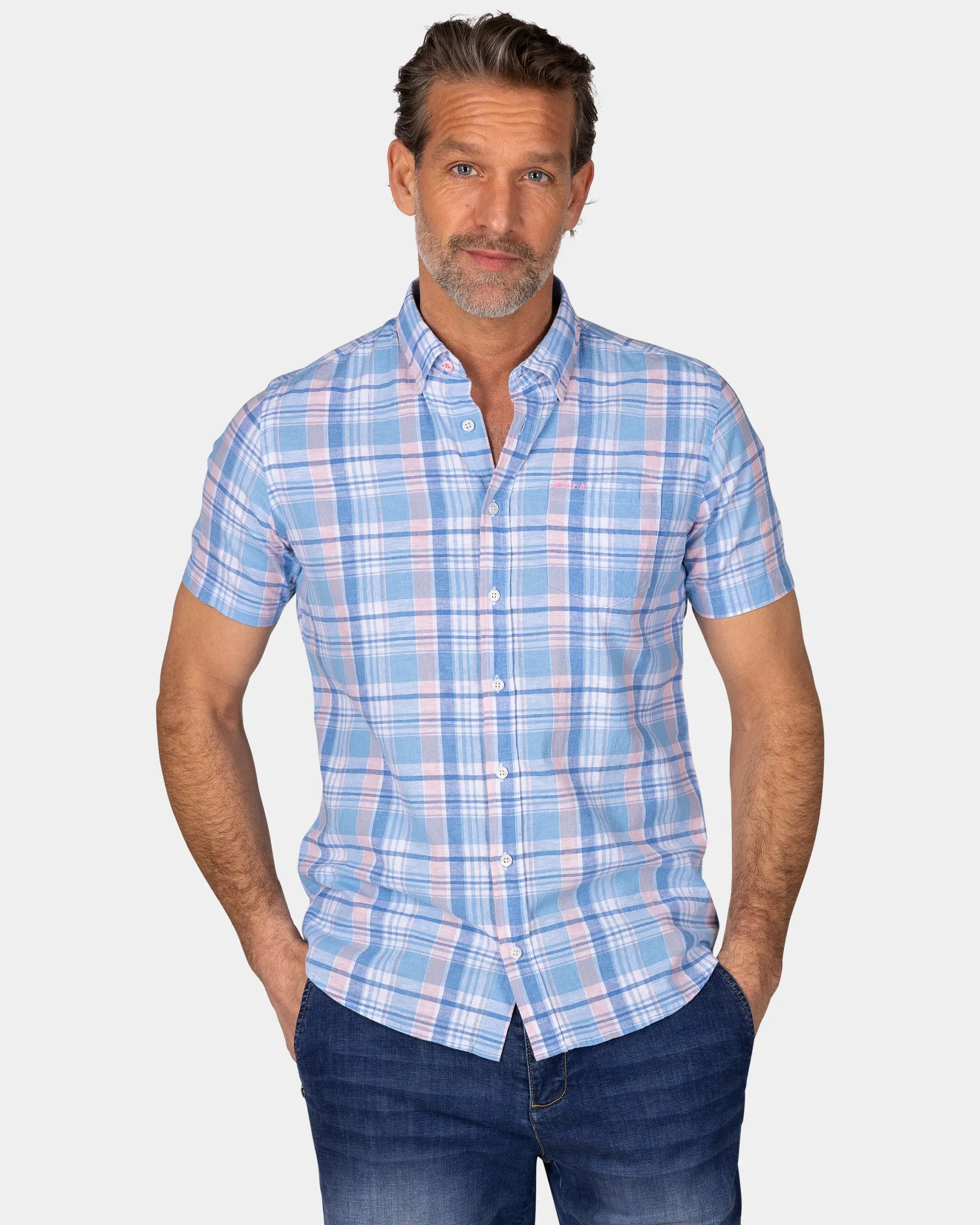 Blue White Orange Checked Short Sleeve Shirt