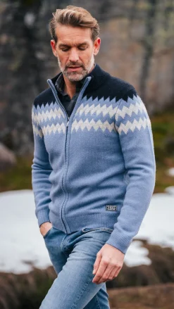 Blue wool cardigan with white pattern - Mineral Blue