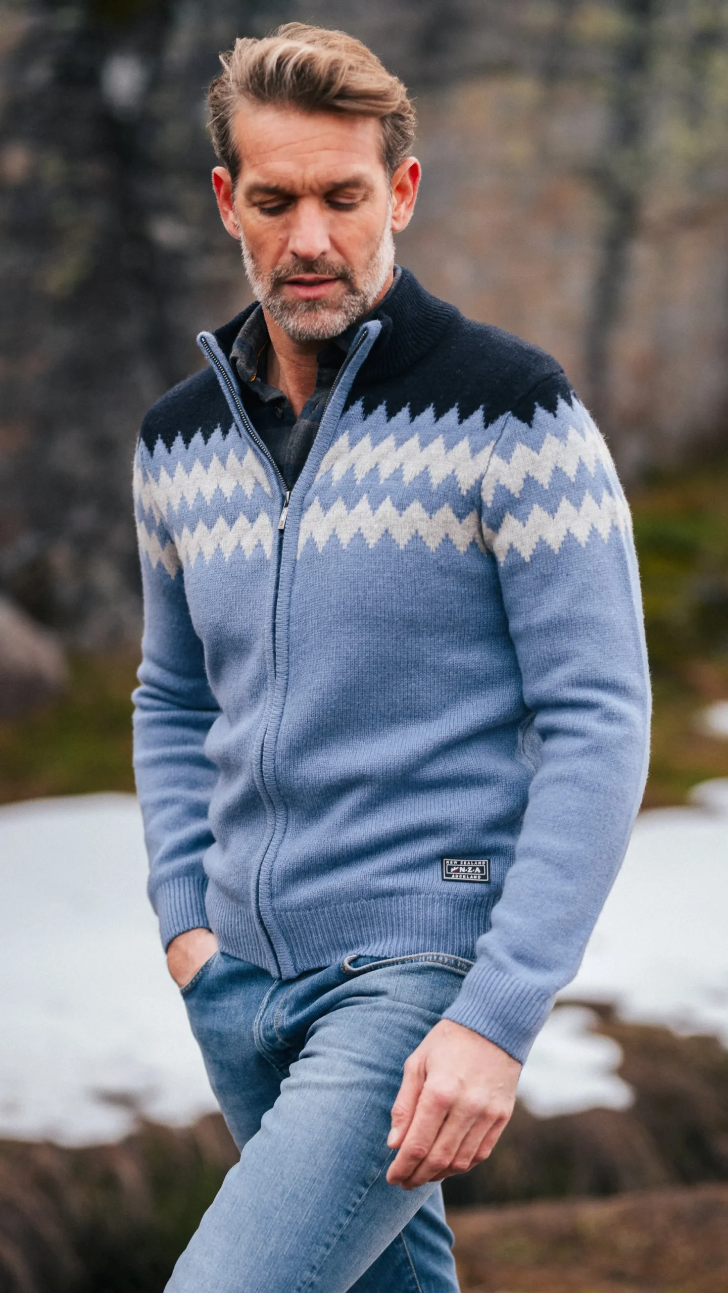 Blue wool cardigan with white pattern - Mineral Blue
