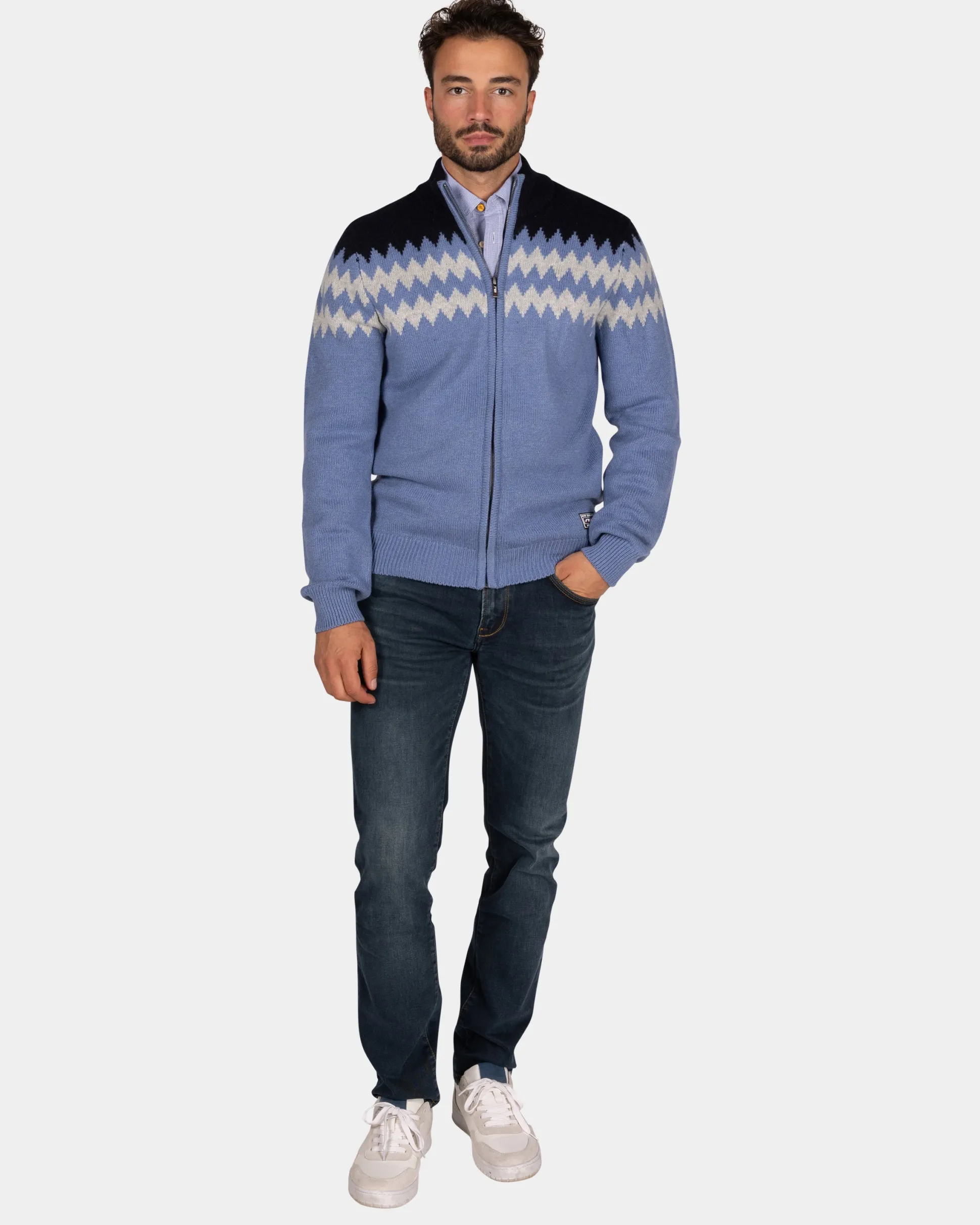 Blue wool cardigan with white pattern - Mineral Blue