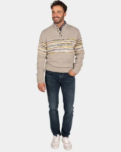 Brown cotton sweater with yellow and black print - Chestnut