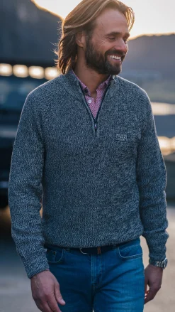 Brown cotton sweater with half-zip - Mud