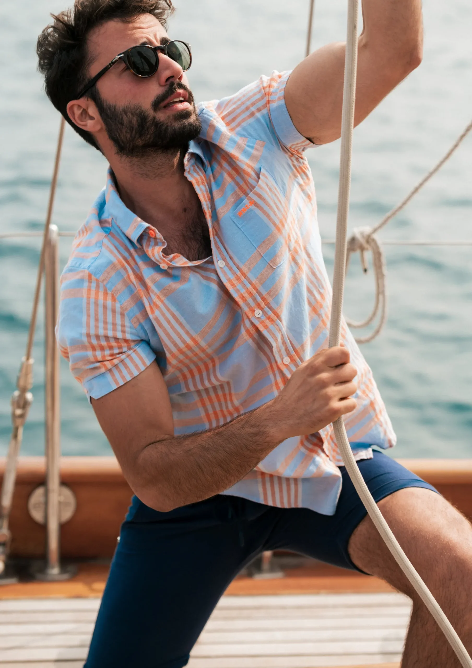 Checked blue with orange shirt - Light Sky