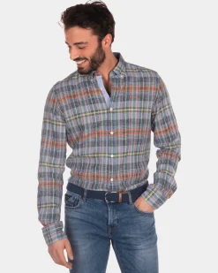 Checkered linen shirt blue yellow red - Blue Multicolour