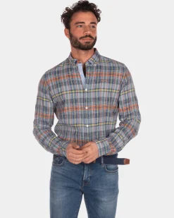 Checkered linen shirt blue yellow red - Blue Multicolour