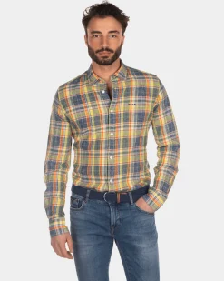 Checkered linen shirt yellow blue red - Blue Multicolour