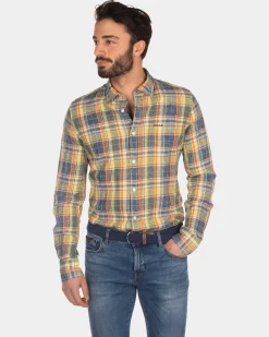 Checkered linen shirt yellow blue red - Blue Multicolour