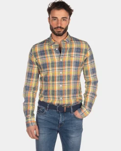 Checkered linen shirt yellow blue red - Blue Multicolour