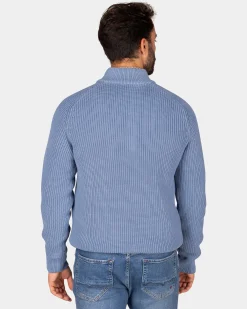 Chunky knit blue half-zip sweater - Mineral Blue