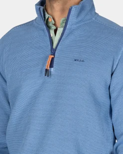 Cotton blue pullover with half zipper