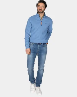 Cotton blue pullover with half zipper