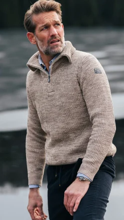 Cotton brown knitted half-zip sweater - Chestnut