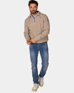 Cotton brown knitted half-zip sweater - Chestnut