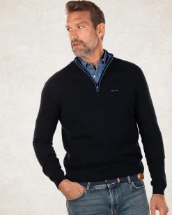 Cotton cashmere half zip pullover - Charcoal Navy