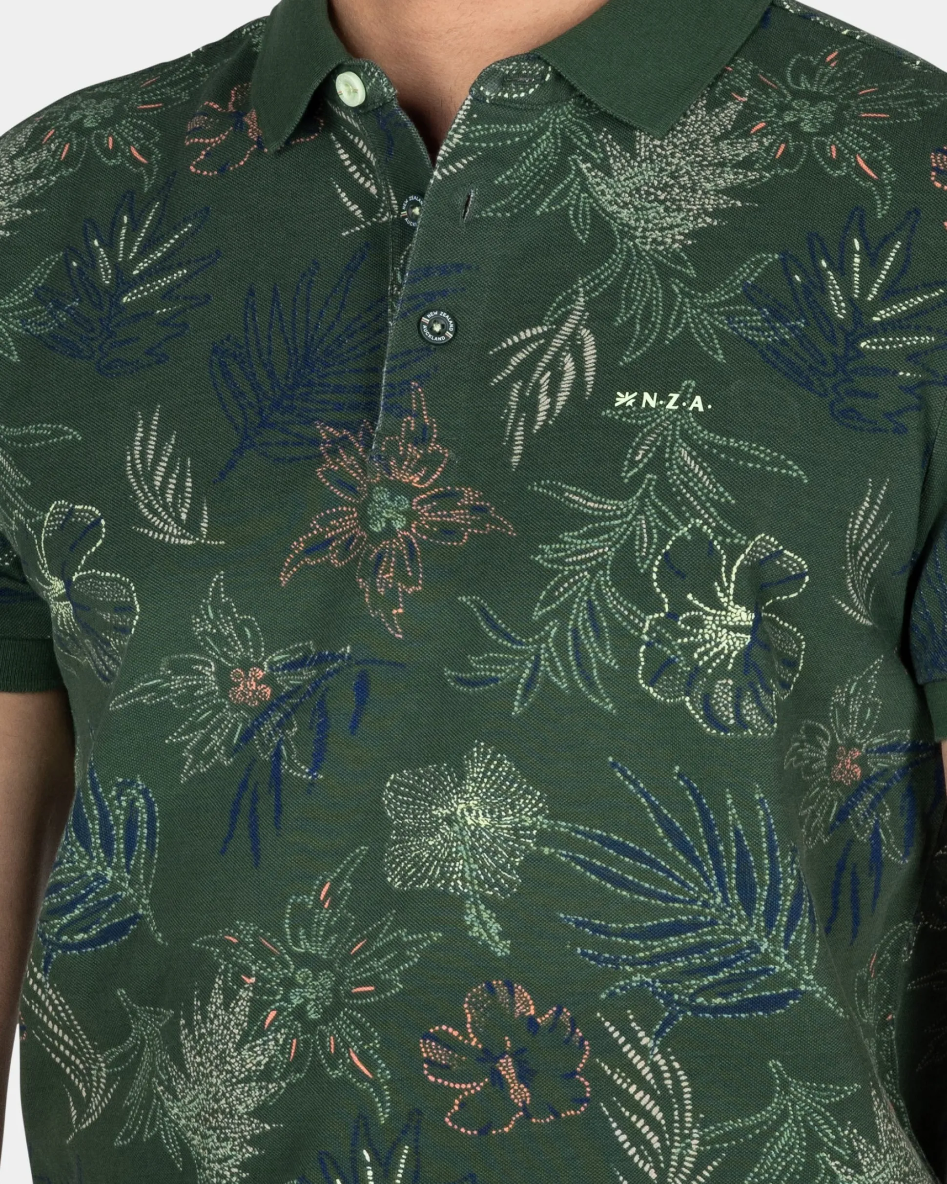 Cotton Green Polo with Leaf Print
