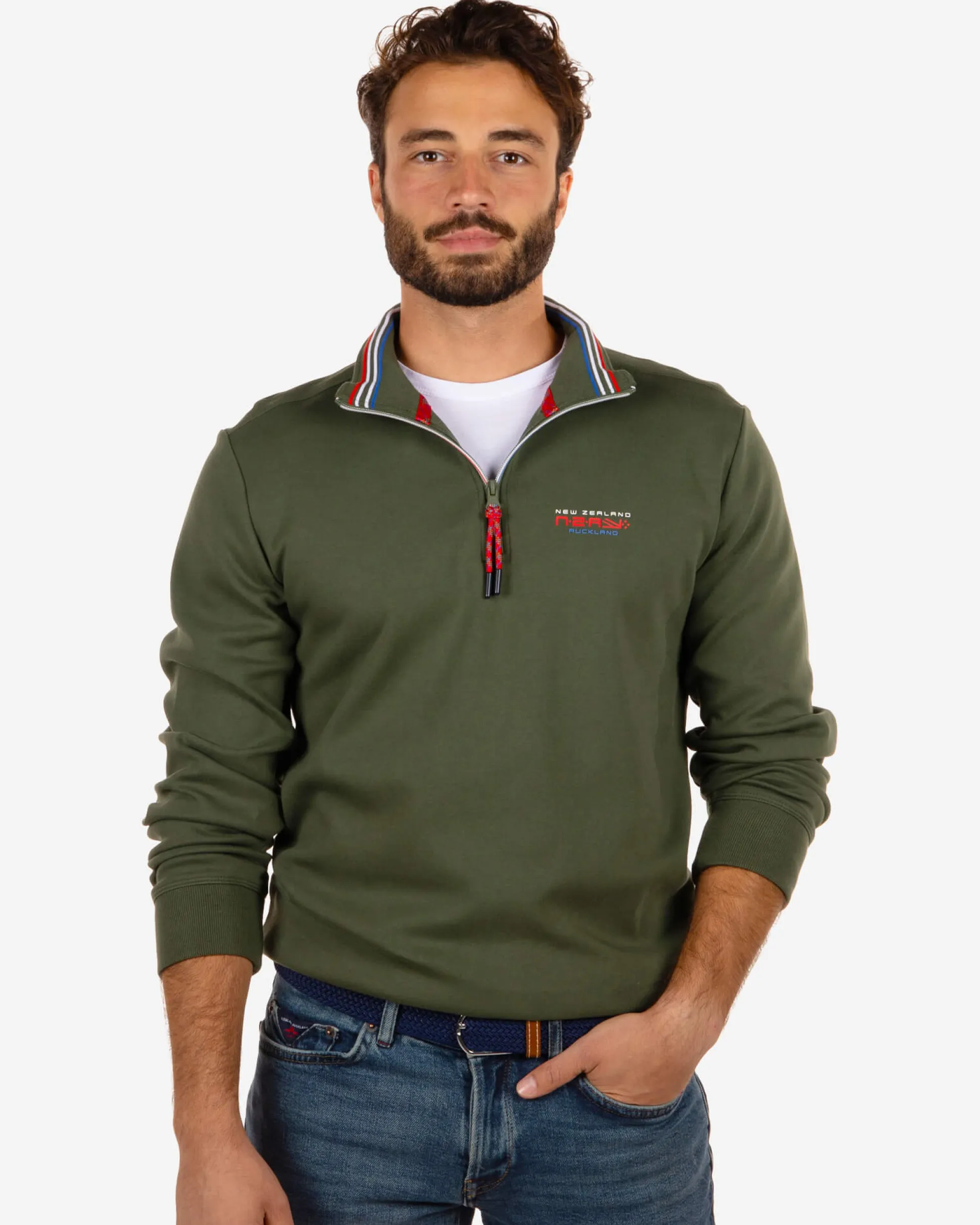 Cotton jumper with zipper Urenui - Rock Green