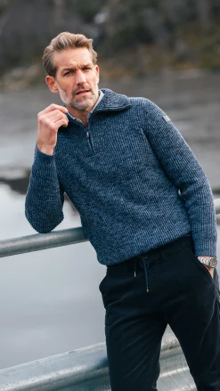 Cotton navy knitted half-zip sweater - Winter Navy