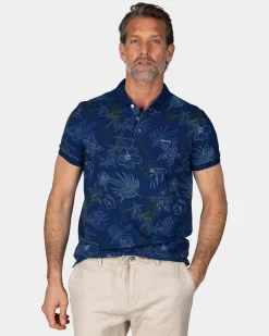 Cotton Navy Polo with Leaf Print
