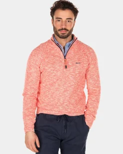 Cotton solid coloured pullover with an half zip - Red Cider