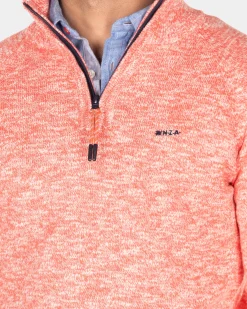 Cotton solid coloured pullover with an half zip - Red Cider