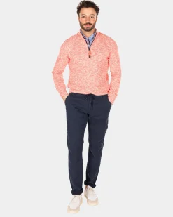 Cotton solid coloured pullover with an half zip - Red Cider